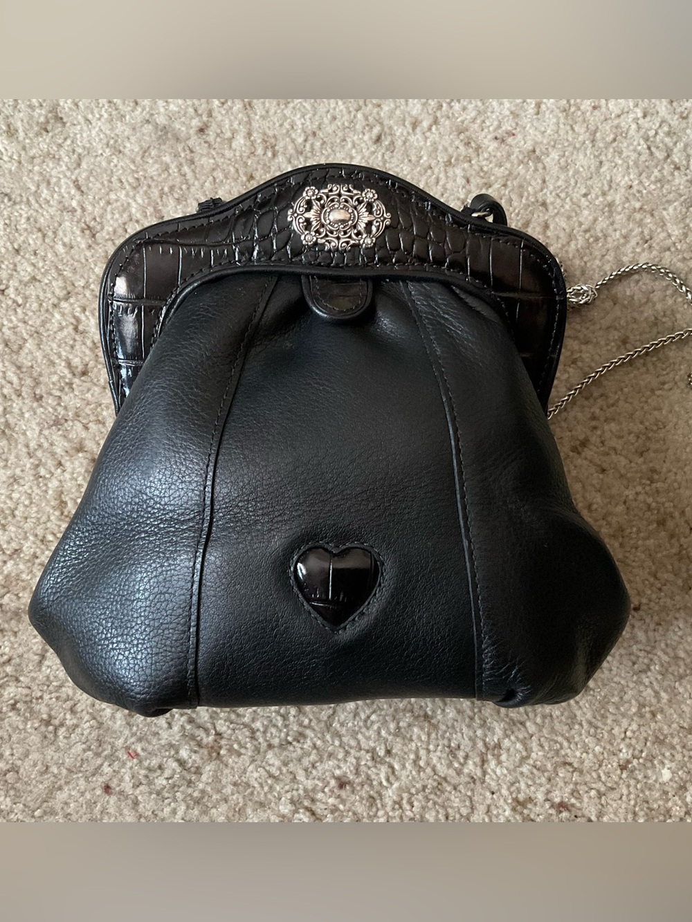 Vintage Brighton Black Leather Magnetic Frame Crossbody Bag Croc Trim Heart